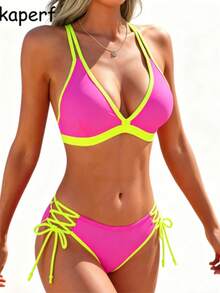 Double Strap V-Neck Neon Color Block Side Tie Bikini Top & Bottoms 2 Piece Swimsuit - Nhiều màu - Xem 5