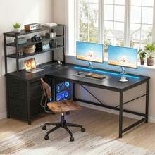 EnHomee Escritorio de ordenador reversible en forma de L con luces LED con control remoto, toma de corriente y 3 cajones de tela, escritorio de esquina para oficina en casa, dormitorio o sala de juegos. - Negro - Ver 8