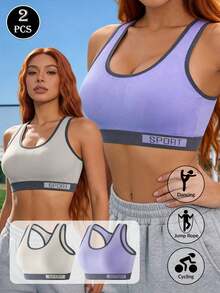 2 Piezas Sujetadores Deportivos para Mujer con Bloques de Color y Espalda de Corredor - Multicolor - Ver 3