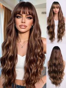 24 Inch Long Wavy Brown Ombre Wig With Bangs For Women Synthetic Heat Resistant Fiber Glueless Ready To Wear Daily Party Wig - Brown - View 12