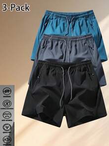2026 Pantalones cortos deportivos de unicolor para hombres con bolsillos con cremallera y cintura con cordón, adecuados para fitness, correr y uso diario - Multicolor - Ver 4