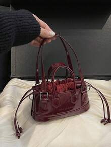 Nueva bolsa de hombro con espejo de moda retro, apertura con cordón, correa larga ajustable, bolso cruzado minimalista ligero de pequeña capacidad - Burdeos - Ver 2