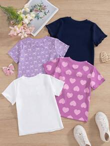 4件套女童休闲户外时尚爱心蝴蝶结印花短袖上衣，夏季 - 紫色 - 查看 2