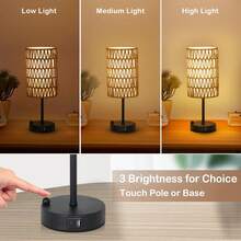 Touch Table Lamp For Bedroom With Bulb, Boho Small Desk Lamp For Living Room With Rattan & Linen Shade, 3 Way Dimmable Bedside Table Lamp For Nightstand With USB Charging Port & Phone Stand For Office - Visa 4