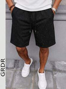 男士黑色简约通勤抽绳短裤，饰有滚边，舒适休闲的夏季及膝短裤 - 黑色 - 查看 2