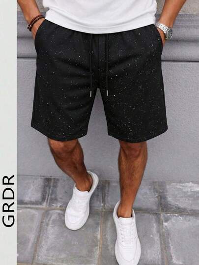 GRDR 男士黑色简约通勤抽绳短裤，饰有滚边，舒适休闲的夏季及膝短裤