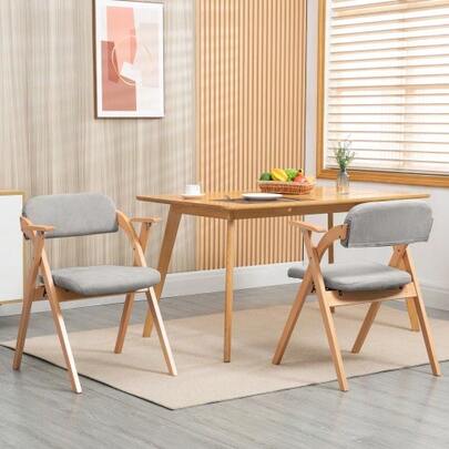 HOMEFUN Folding Chairs With Armrest, Wooden Stackable Foldable Dining Chair With Padded Seats Set Of 2 Extra For Guests Kitchen Office Wedding Party, Gray