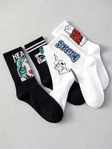 5 Pairs Unisex Retro Cartoon Striped Pattern Soft & Comfortable High Elasticity Versatile Casual Mid-Calf Socks, Suitable For Daily Wear, Gifting, And Styling - Multicolor - View 4