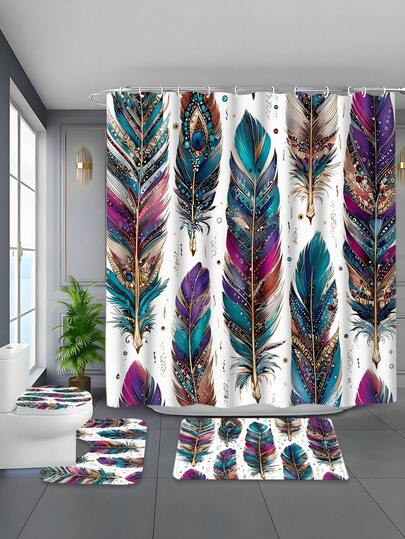 4pcs Colorful Feather Polyester Bathroom Set, Including Waterproof Woven Curtain, Machine Washable, With Hooks And Accessories, Easy Installation - Fashionable Decor For All Seasons