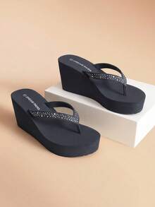 Women Wedge Flip Flops Platform Thong Sandals Summer Vacation Rhinestones Arch Support Comfortable Soft Cushion EVA Wedge Sandals - 藏蓝色 - 查看 1