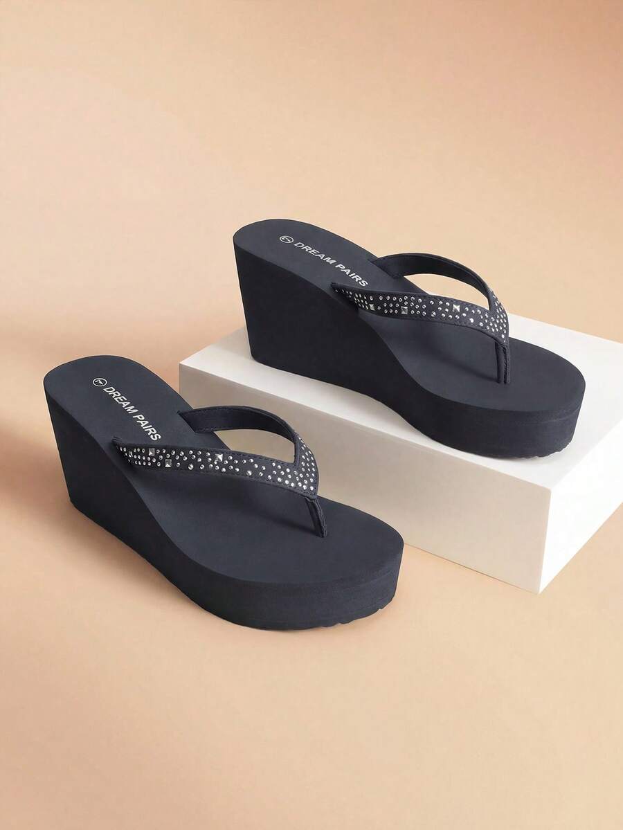 Women Wedge Flip Flops Platform Thong Sandals Summer Vacation Rhinestones Arch Support Comfortable Soft Cushion EVA Wedge Sandals - 藏蓝色 - 查看 1
