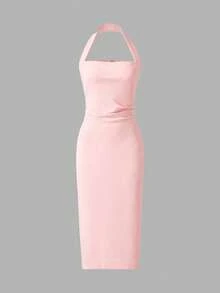 Women's Solid Color Elegant Midi Dress, Slightly Sheer In Light-Colored Fabric, Suitable For Daily Wear, Parties, And Dating Occasions - Pink - View 5