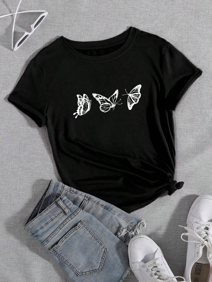 Camiseta de cuello redondo con estampado de mariposa - Negro - Ver 1