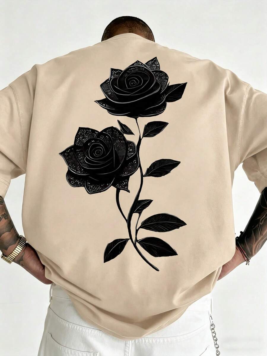 Men's Casual Fashion Versatile Rose Flower Print Round Neck Short Sleeve T-Shirt, Summer - Apricot - View 1