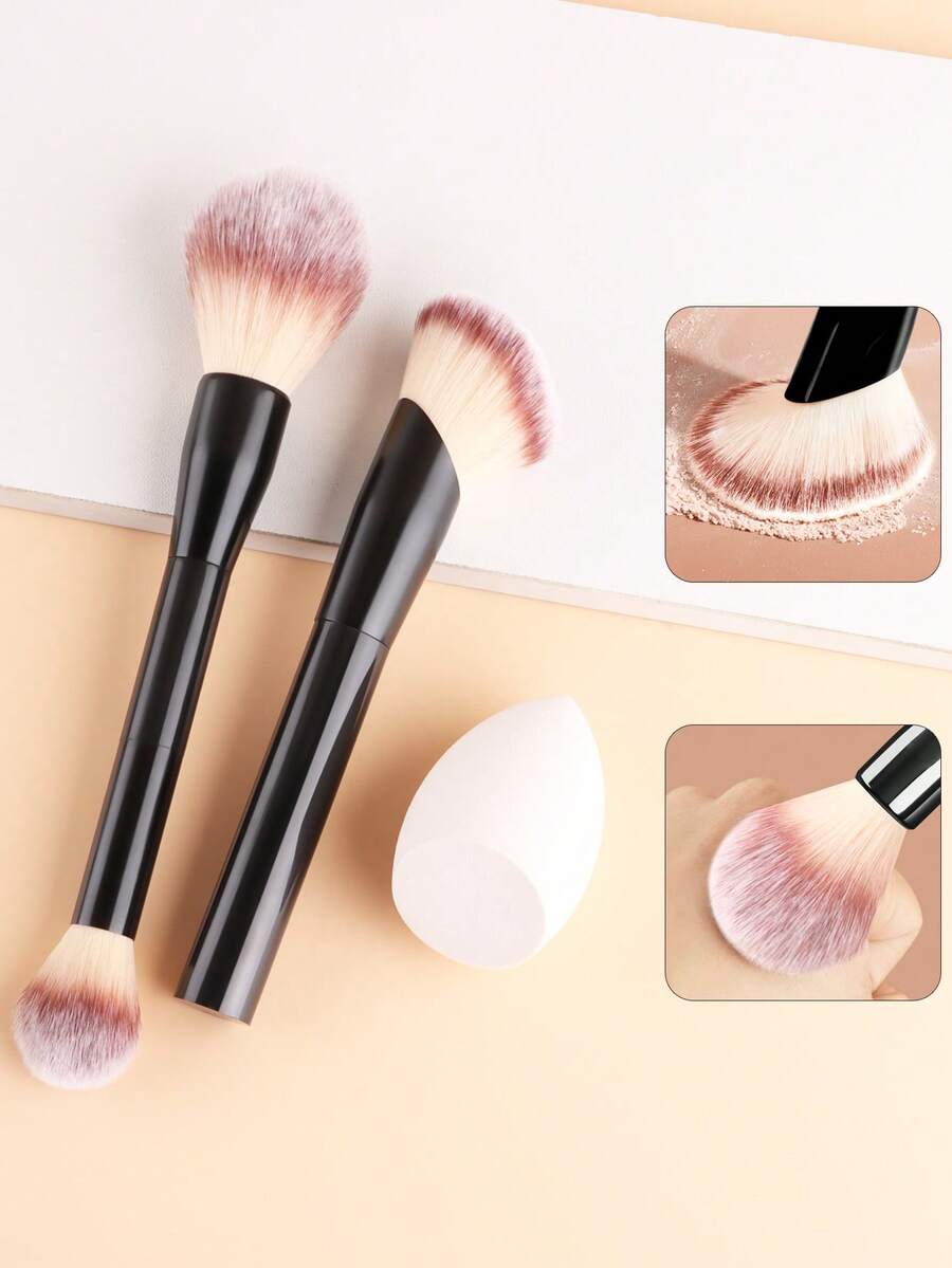 Professional Dual-Ended Makeup Brush + White Beauty Sponge Set, Dual-Headed Blusher Brush + Angled Contour Brush, Soft Bristle Cosmetic Tool Kit - Multicolor - View 1
