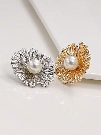 10Pcs Gold Silver Tone Hollow Flower Pearl Metal Buttons, Decorative Fasteners For Clothing