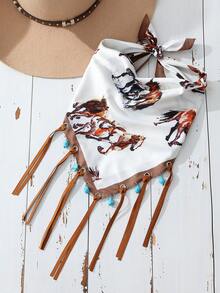 1件装女士时尚牛仔印花西部牛仔风格马匹印花围巾头巾，饰有绿松石吊坠，百搭日常佩戴 - 彩色 - 查看 2