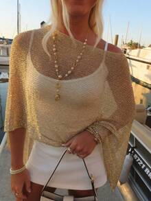 女士薄纱针织上衣，圆领，短袖，不对称下摆，常规长度，中等弹力，适合度假、办公、派对等场合。 - 卡其色 - 查看 3