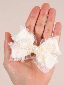 2pcs/Set Pinzas para el cabello con lazo de encaje y volantes, pinzas de cocodrilo con decoración de lazo de perlas falsas, accesorios dulces para el cabello adecuados para niñas en uso diario y fiestas de cumpleaños - Beis - Ver 3