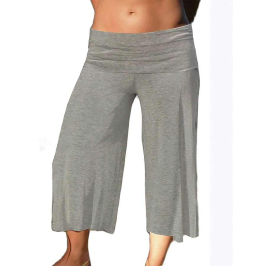 Women Casual Fold Over Loose Fit Capri Pant Leg Cropped Flowy Cotton Gaucho Pants Comfy Casual Yoga Coluttes Pajama Bottom Soft Comfortable Cropped Trouser Lounge Sleepwear Bottoms - J12467-灰色 - 查看 1