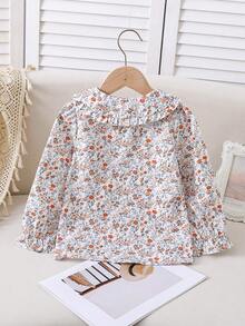 Young Girls Ruffled Collar Long Sleeve Casual Ditsy Floral Shirt, Summer - White - View 2