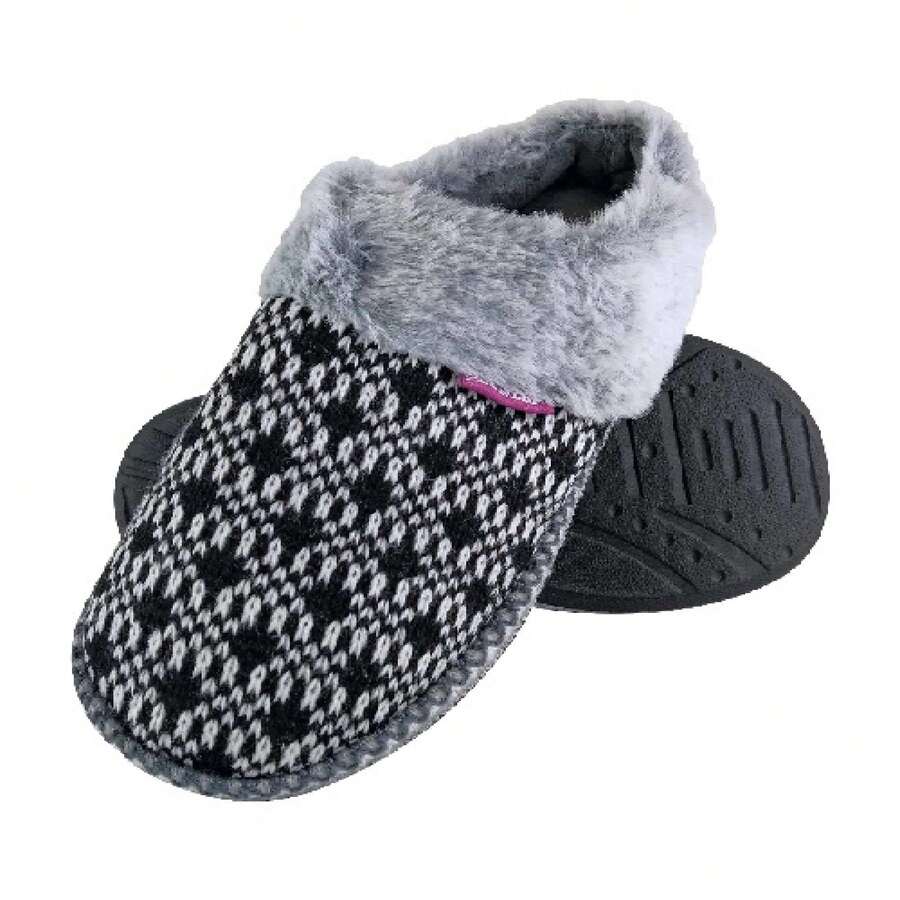 Dunlop - Ladies Cute Cosy Plush Memory Foam Knitted Slippers With Open Back Mules - Black - View 1