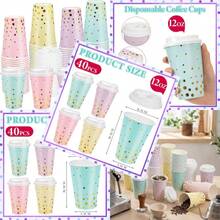 D40 Pcs Pastel And Gold Disposable Coffee Cups With Lids 12oz Gold Foil Dot Gradient Paper Cups For Hot Cold Beverage Water Tea Party Wedding Valentines Birthday Plies - Pastel and Gold - 查看 8