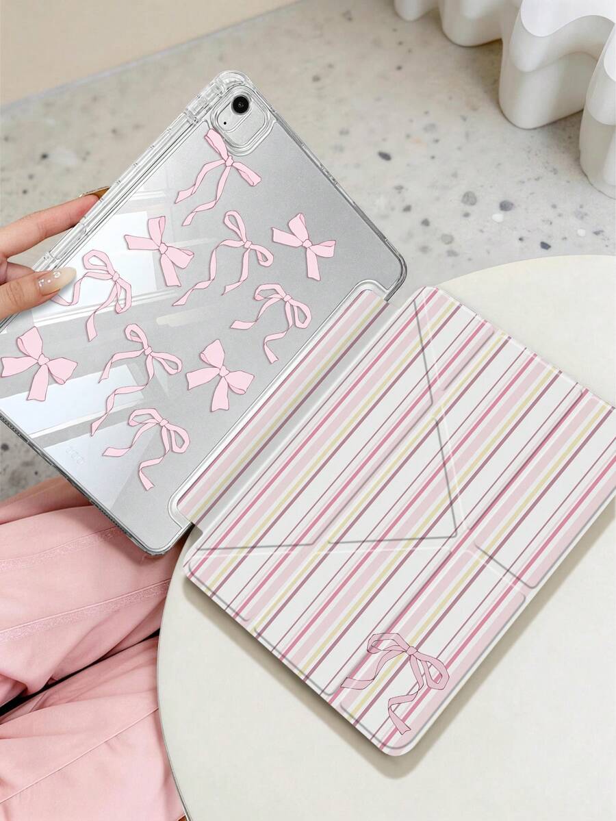 1个透明亚克力蝴蝶结图案双面彩绘平面保护壳，兼容iPad 10代/11代/10.2/10.5/Air4/Air5/10.9/Pro 11/Air 11英寸(M2)-2024/Pro 11英寸(M4)-2024/Air 11英寸(M3) 2025/(A16) 11英寸第11代2025/Mini 6/Mini 7/Air1/Air2/9.7/Air 8(M4)2026(11英寸)，内置笔槽，高透明亚克力后盖，防弯折、防刮擦、防摔，8档角度可调支架 - 彩色 - 查看 1