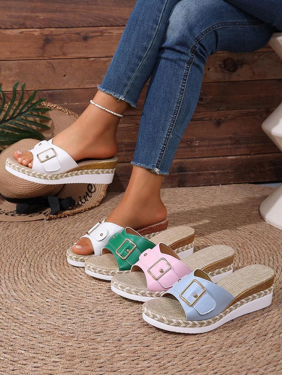 Sandales compensées d'été pour femmes, style bohème, boucle de décoration métallique de haute qualité, semelle intérieure en lin confortable et antidérapante, mules à plateforme ouverte décontractées, sandales compensées tressées en chanvre à la mode, convenant pour la plage et le port quotidien - Blanc - Voir 1