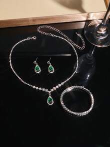 4pcs Bridal Jewelry Set Including (1 Necklace + 1 Pair Earrings + 1 Bracelet), Decorated With Rhinestones And Teardrop Pendants, Exuding Elegant And Refined Vibe - Suitable For Daily Wear, Weddings, Parties And Other Occasions. - Green - View 6
