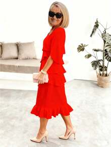 Women's Spring Summer Fashion Tiered Ruffle Crewneck Loose Fit Flowy A-Line Midi Dress Elegant Swing Dress For Daily Beach Vacation Date Night - 紅色 - 查看 3