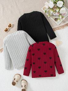 3pcs/Set Kaos Lengan Panjang Leher Bulat Motif Bordir Hati untuk Anak Perempuan, Atasan Kasual, Musim Semi & Gugur - Burgundy - View 2
