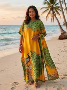 قطعة واحدة من اكسسوارات الشاطئ للنساء، بلوزة شيفون بأكمام خفيفة مطبوعة بطبعة زهور صيفية، قميص شفاف فضفاض، يأتي مع وشاح مطبوع بطراز بوهيمي لتغطية الشاطئ - متعدد الألوان - مشاهدة 10