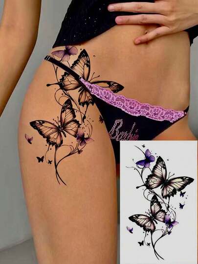 1pc Black Sketch Floral Pattern Temporary Tattoo Sticker, Sexy Black Sketch Floral Chain Design, Butterfly Motif, Waterproof, Sweat-Proof, Scratch-Resistant, Convenient For Women To Wear On Occasions, Parties, Daily Life, Applicable For Abdomen, Thigh, Back And Other Body Parts