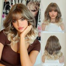 7JHH WIGS Tóc giả ngắn xoăn màu xám nâu cho nữ, dài 14 inch, kiểu tóc bob ombre nâu gợn sóng có mái, chất liệu tổng hợp mềm mại, chịu nhiệt cao cấp, thích hợp sử dụng hàng ngày, dự lễ hội, liên hoan âm nhạc và đi làm. - Màu nâu ombre - Xem 10
