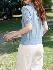 Áo nữ tay ngắn cổ bẻ kiểu Pháp thanh lịch, thích hợp cho mùa xuân/hè. - Màu xanh nhạt - Xem 3