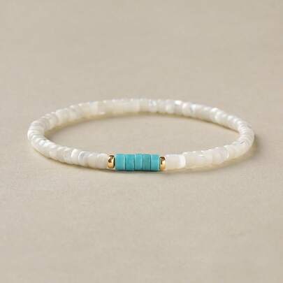 1件复古绿松石串珠手链，白色弹力链与天然水晶石手工手链组合