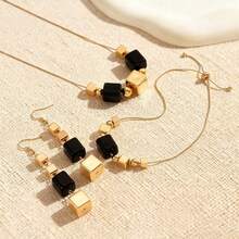 Bộ trang sức gồm dây chuyền, vòng tay và bông tai hình vuông hình học phong cách Bohemian cổ điển, quà tặng trang sức thời trang sáng tạo cho kỳ nghỉ của nàng. - Vàng + Đen - Xem 6