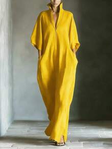 2026 European And American Spring/Summer New Fashion Women's Mid-Sleeve V-Neck Pullover Loose Long Dress - 藏青色 - 查看 10