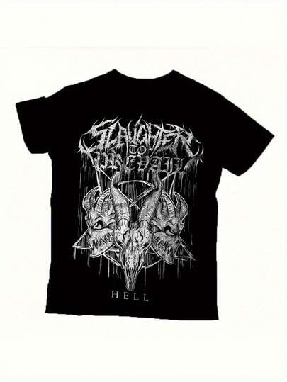 SLAUGHTER Prevail Men's & Women's Heavy Metal T-Shirt - Black Skull & Wings With HELL Text Print, 100% Slim Fit Short Sleeve Shirt, Music Fan Apparel, Harajuku Streetwear, Concert Merchandise Gift