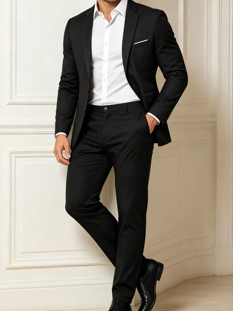 Completo da tinta unita, design con colletto a tacca - blazer slim fit, pantaloni da abito diritti, adatto per occasioni importanti, matrimoni - nero - Visualizzare 1