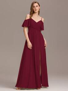 Elegant Off-Shoulder Chiffon Vintage Burgundy Bridesmaid Dress, Suitable For Weddings, Graduations, Valentine's Day And Other Occasions, Wear In Spring - Burgundy - View 2