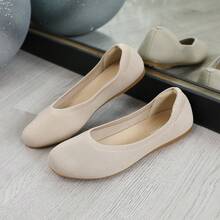 春夏针织透气圆头软底乐福鞋，轻便通勤休闲鞋，妈妈们的理想之选 - 杏色 - 查看 1