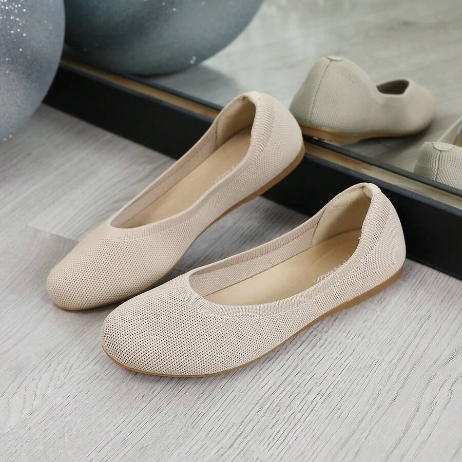 春夏针织透气圆头软底乐福鞋，轻便通勤休闲鞋，妈妈们的理想之选 - 杏色 - 查看 1