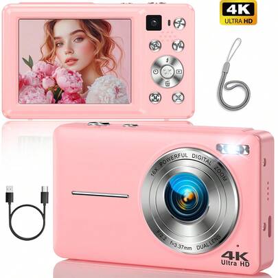 Nicamery 4K Digital Camera, 64MP High Definition Vlog Camera With Dual Lens For Selfie, Auto Focus & Stabilization, 16X Digital Zoom, LED Fill Light, Compact Design For Student/Travel, Retro Style, Long Battery Life, Creative Filters, Face Priority, Gift Set (Memory Card Not Included)