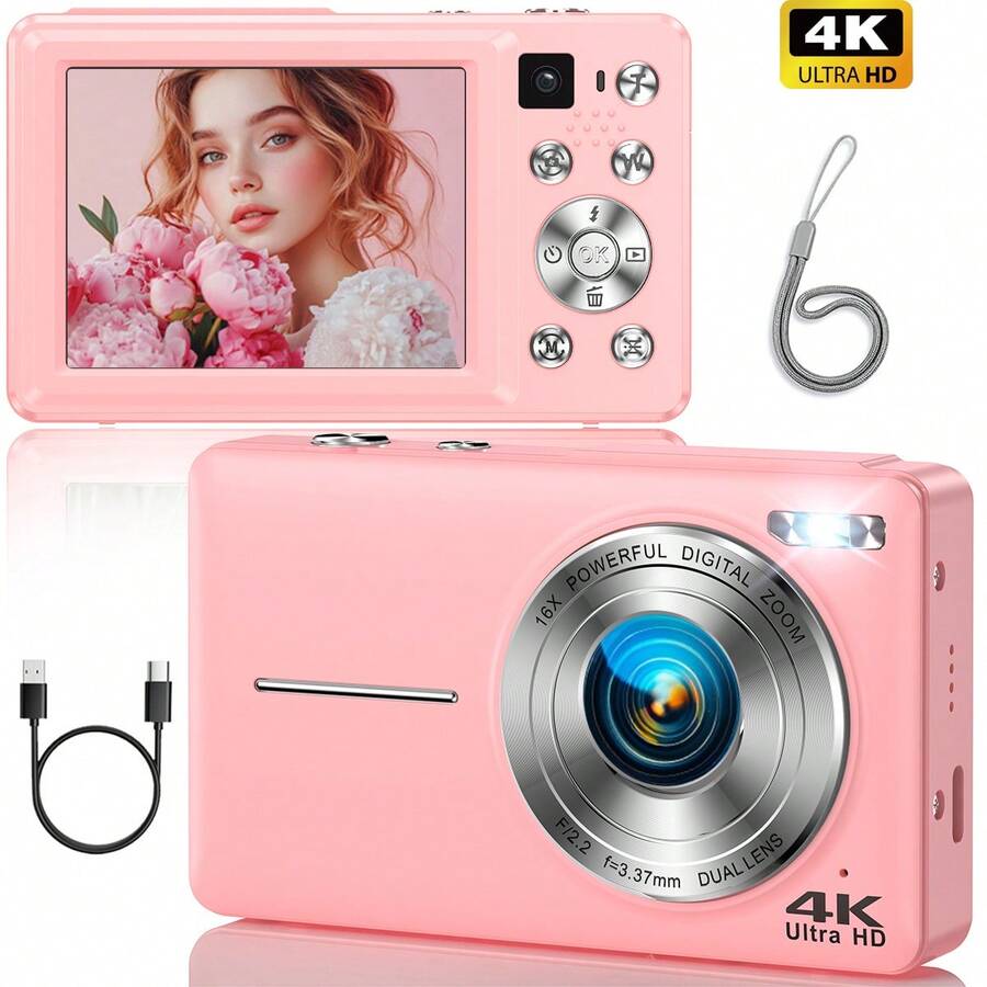 Nicamery Cámara Digital 4K 64MP Alta Definición Cámara Vlog Lente Dual Delantera y Trasera Enfoque Automático Anti-Vibración Zoom Digital 16x Luz de Relleno LED Flash Portátil Nivel de Entrada para Estudiantes Grabación de Vida de Vacaciones de Verano Viajes Esencial 2 Baterías Conjunto de Regalo de Vacaciones [Tarjeta de Memoria No Incluida, Necesita Comprar por Separado] - Rosa - Ver 1