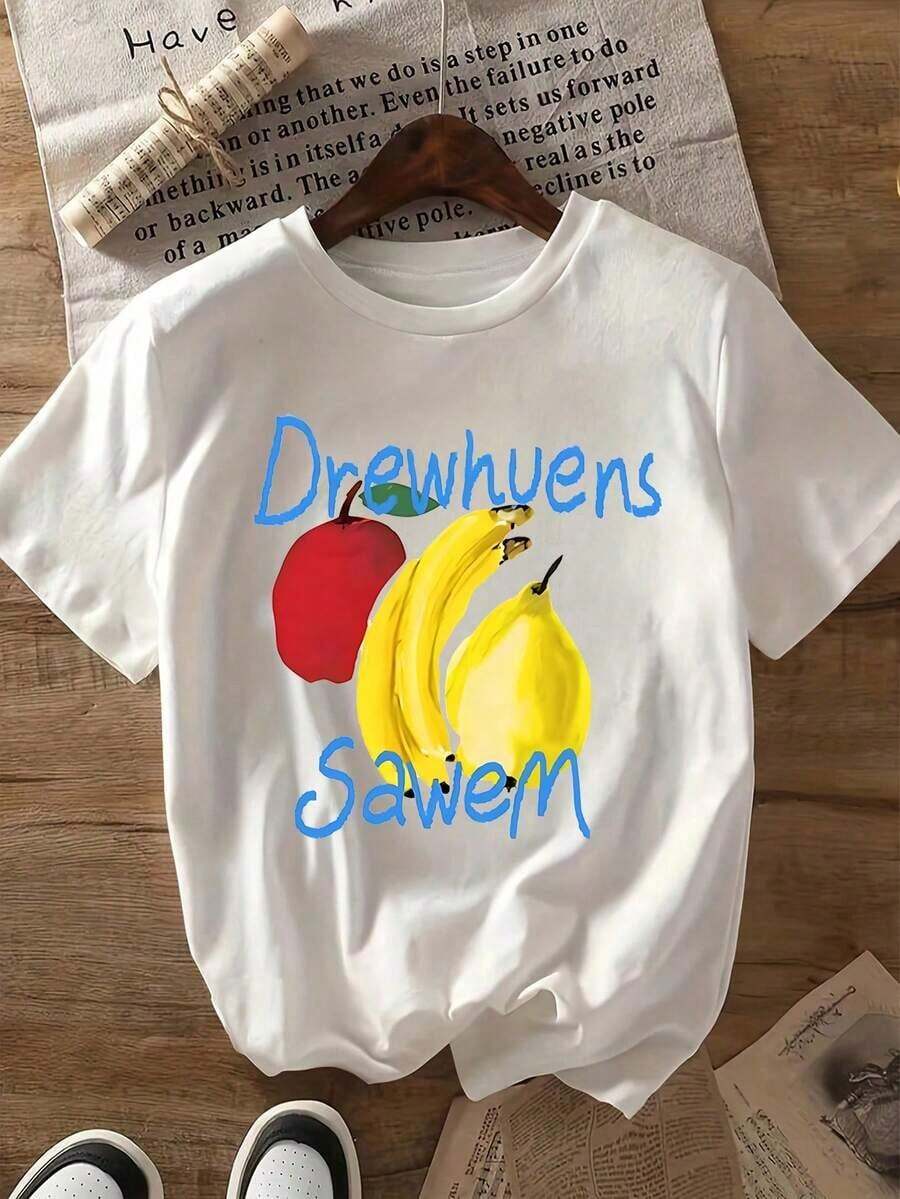 2026 Nueva Camiseta de Manga Corta con Estampado de Lazo, Corte Holgado, Casual para Primavera/Verano - blanco amarillento - Ver 1
