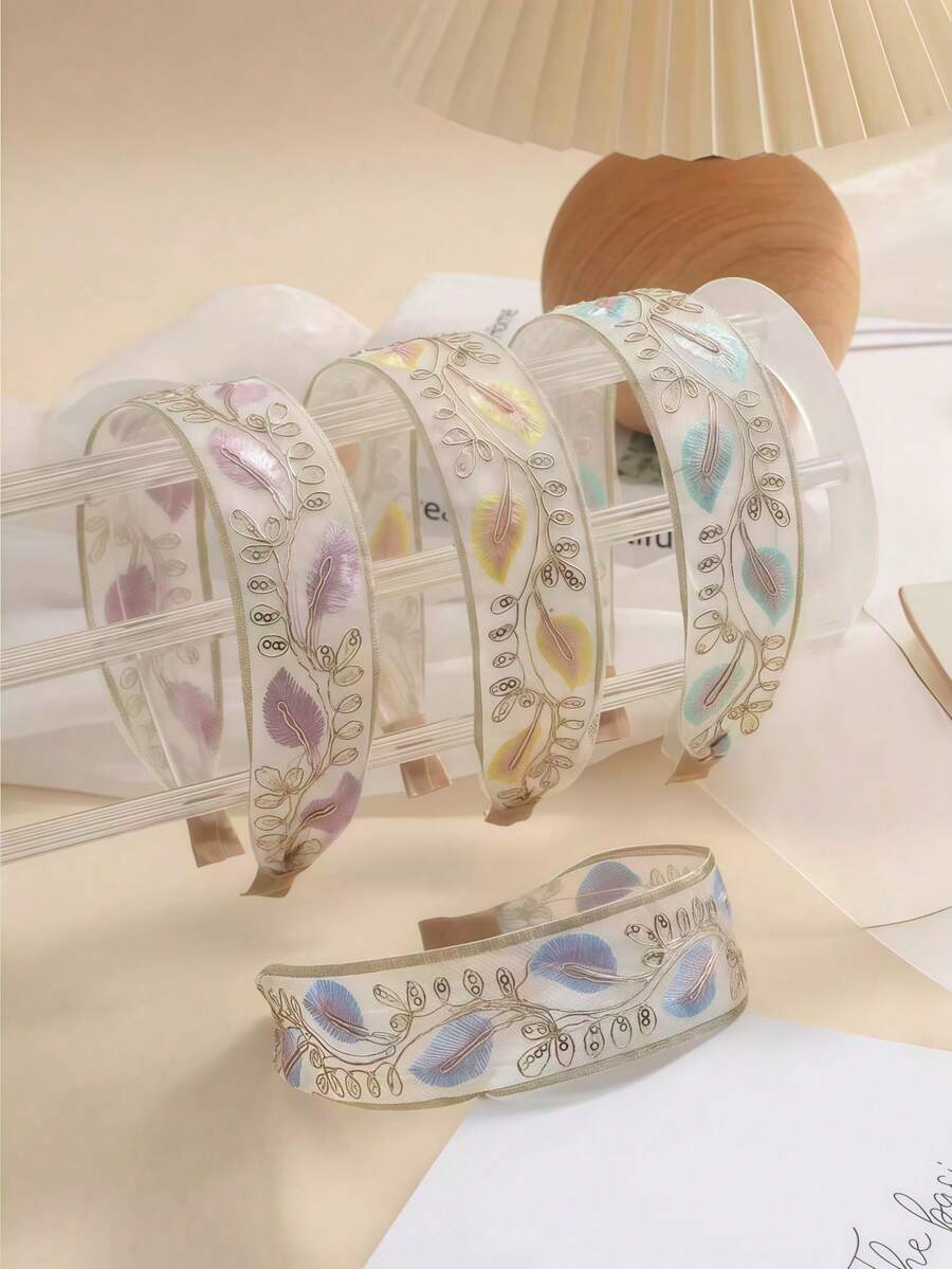1件复古刺绣树叶发箍,法式宽发箍,优雅美观的发饰,适合年轻女孩 - 彩色 - 查看 1