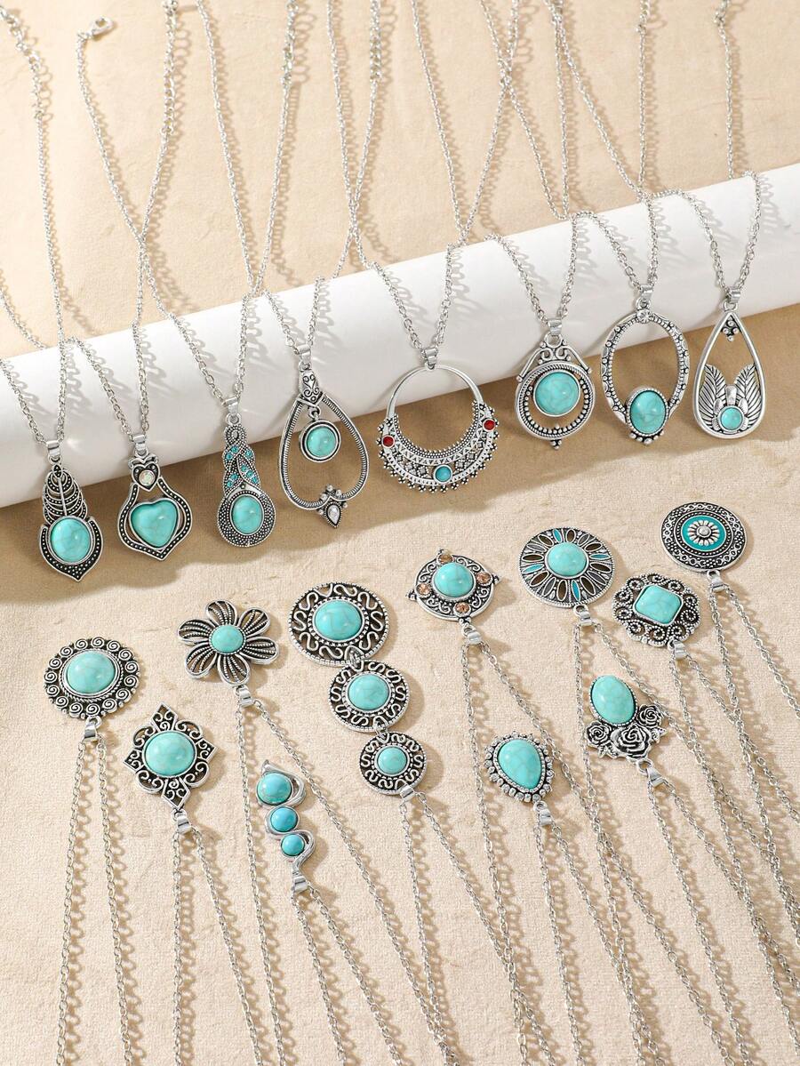 TopHanqi Bộ dây chuyền đá Turquoise phong cách Bohemian, mặt dây chuyền hình hoa rỗng và giọt nước hình học đính đá, đa năng cho trang phục thường ngày, tiệc tùng, hẹn hò và các sự kiện theo chủ đề. - Nhiều màu - Xem 1
