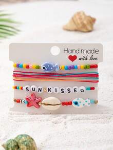 4pcs/Set Summer Beach Layered Bracelet Set, Bohemian Style Handmade Woven Rope Bracelets With Shell And Fish Pendants, Ocean Themed Jewelry - MultiWarna - View 4
